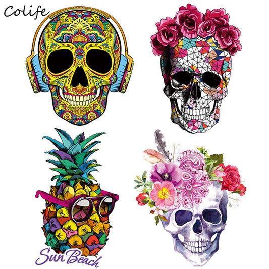 Fashion Pineapple Patches Skull Iron On Transfers Patch Decoration Stickers Applique Clothes for T-shirt West Coat 2pcs