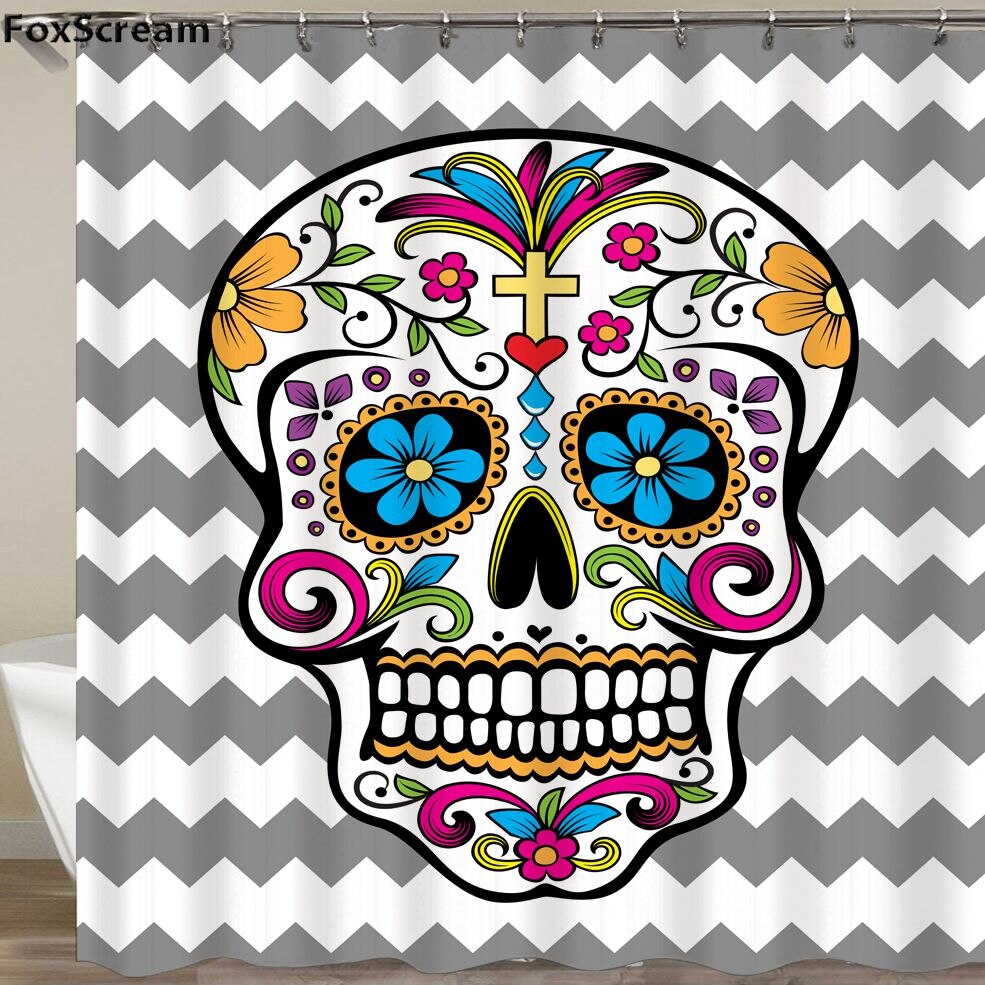 Mexican Fabric Sugar Skull show Curtains Cartoon Colored Skull  Shower Curtain Bathroom Waterproof  Polyester With Hooks