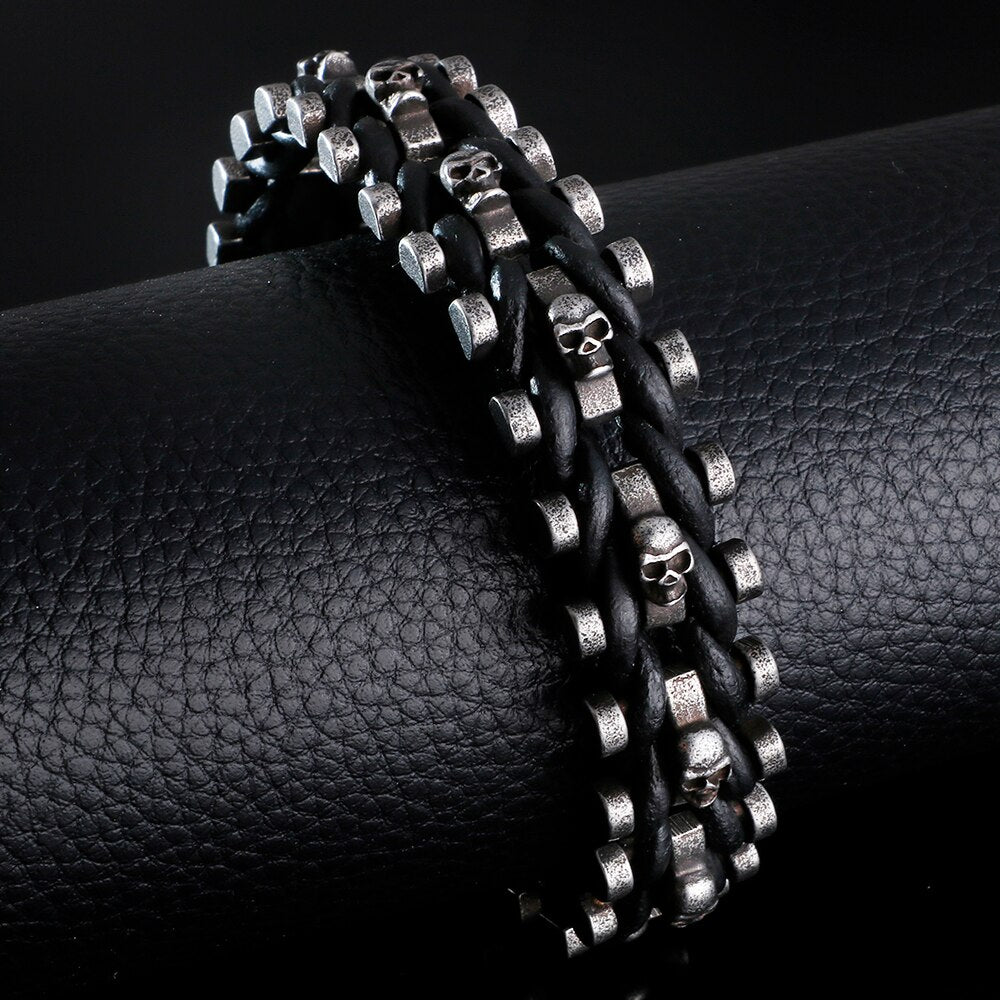 Skull Bracelets For Men Stainless Steel Gothic Ghost Head Leather