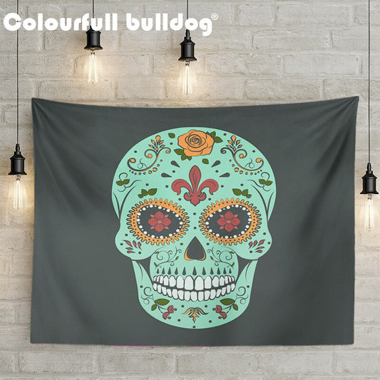 Cartoon Mexican Sugar Skull Tapestry Hanging Red Orange Flowers Wall Blankets