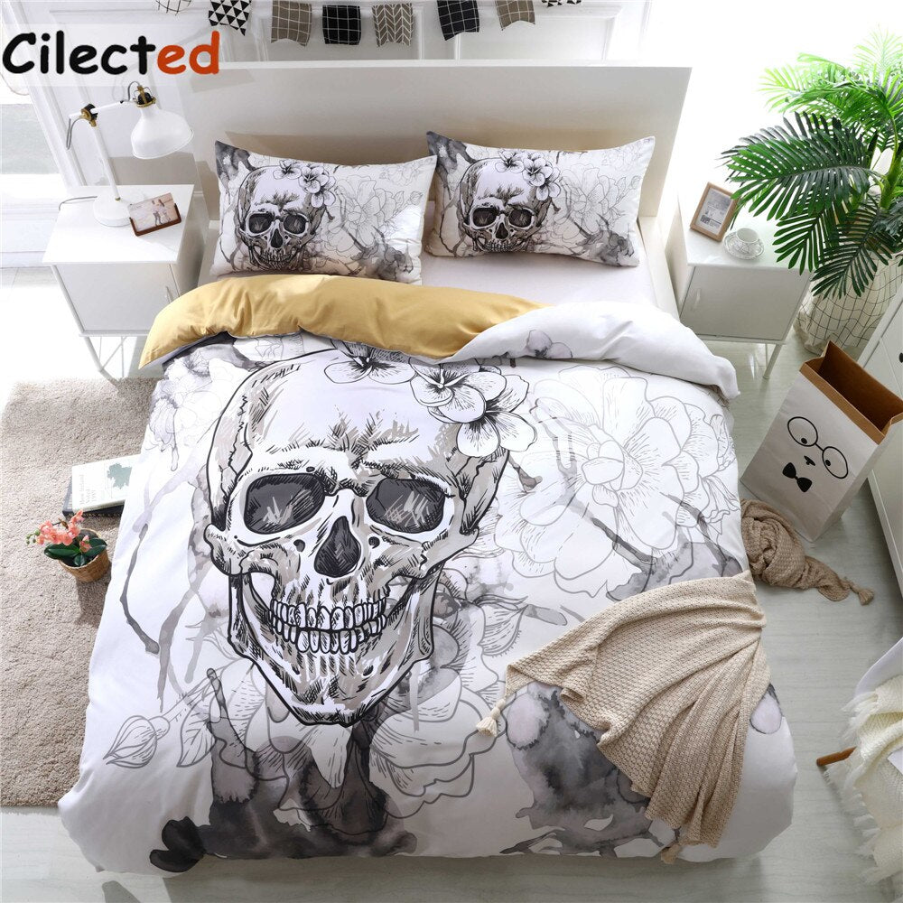 Black And White Skull Duvet Cover With Pillowcases 3D Flowers Print Soft Bed