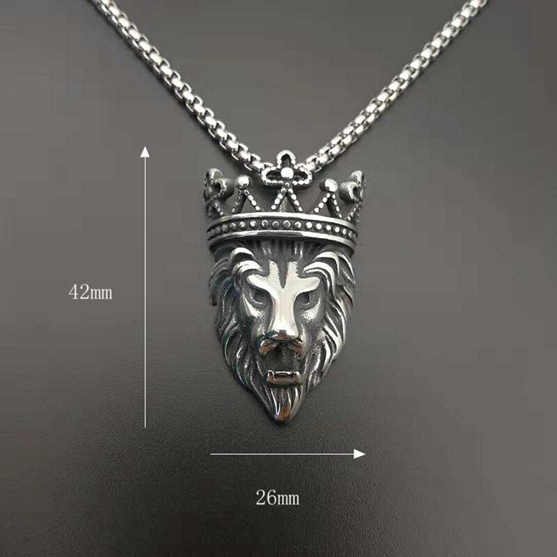 Punk Rock Titanium Steel Crown Lion Head Men Pendants Necklaces