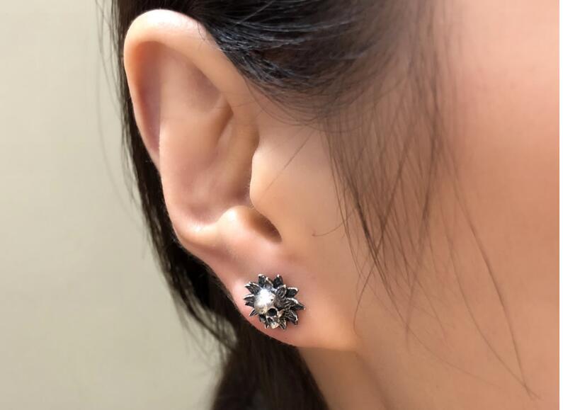 Punk Style Pure 925 Sterling Silver Skull And Flower Stud Earrings