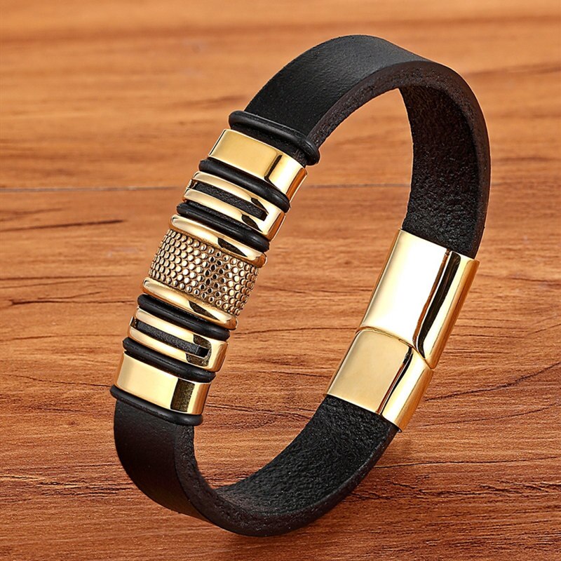 Brand Punk Men's Natural Leather Stainless Steel Gold