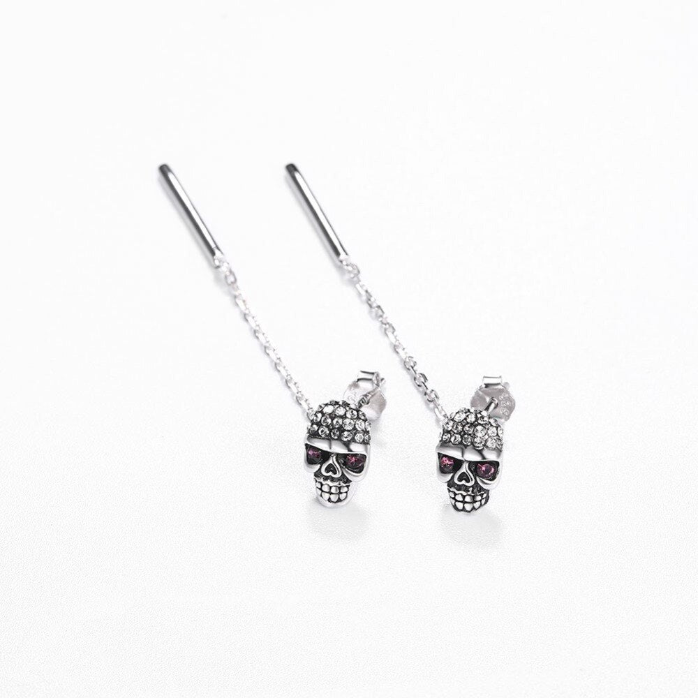 S925 Crystal Drop Earrings for Women Vintage 925 Sterling Silver Skull