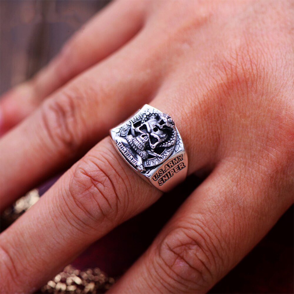 Punk Rock Skull Ring & US Army Soldier Sniper Ring Solid Real 925 Sterling Silver