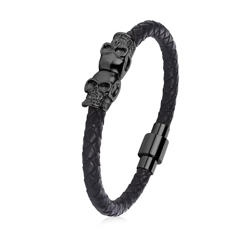 Jiayiqi Black Leather Bracelet for Men Jewelry Skull Stainless Steel