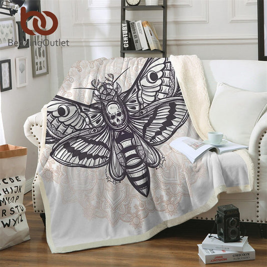 Death Moth With Skull Blanket Bohemian Microfiber Sherpa Throw Blanket