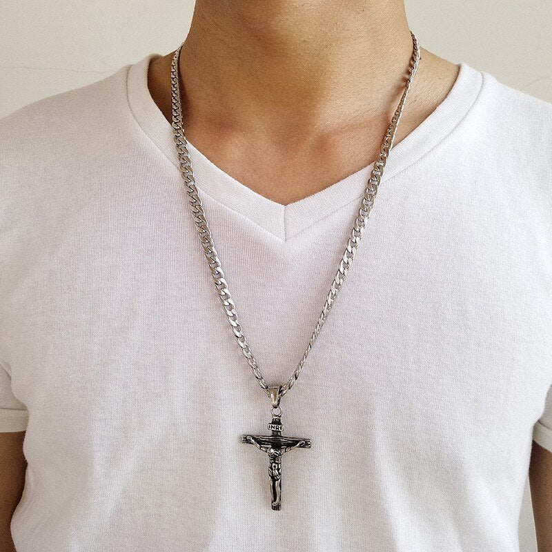 Cross Necklace for Men Stainless Steel Cuban Chain 20"-24"