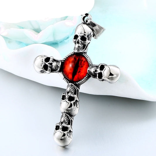 Vintage Cross Skull with Claw Evil Red Eye Necklace Pendant