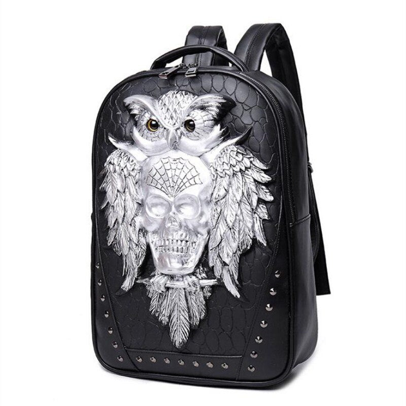 Men Backpack 3D Owl Skull Embossing Rivet Black Purse