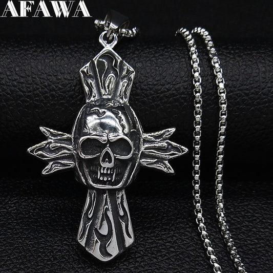 2020 Gothic Skull Cross Stainless Steel Big Necklace Men Silver