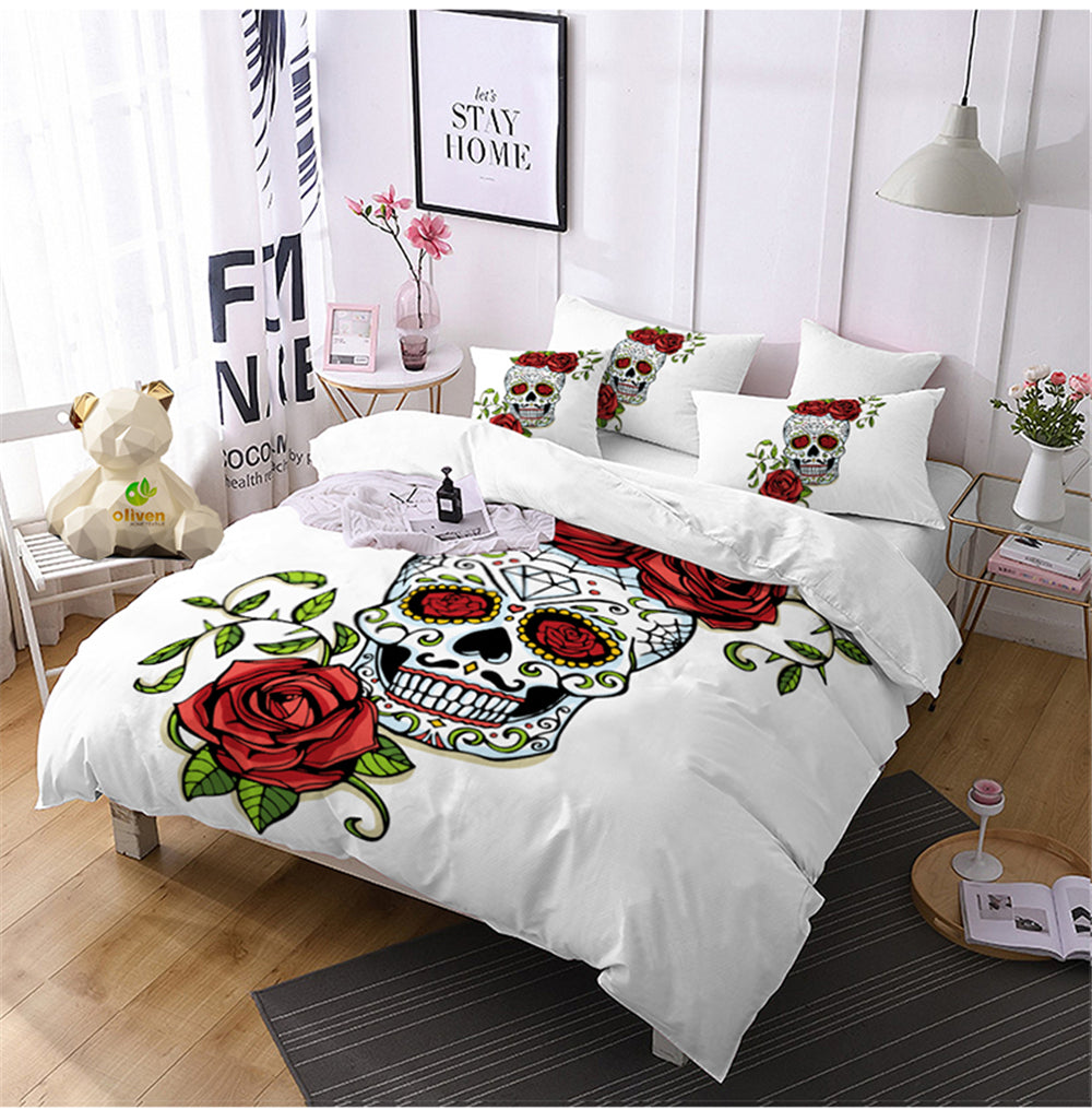 New Rose Skull Bedding Set Lady Sugar Skull Duvet Cover Set Pillowcase Black White Bedclothes Bedroom Bed Set Home Textile