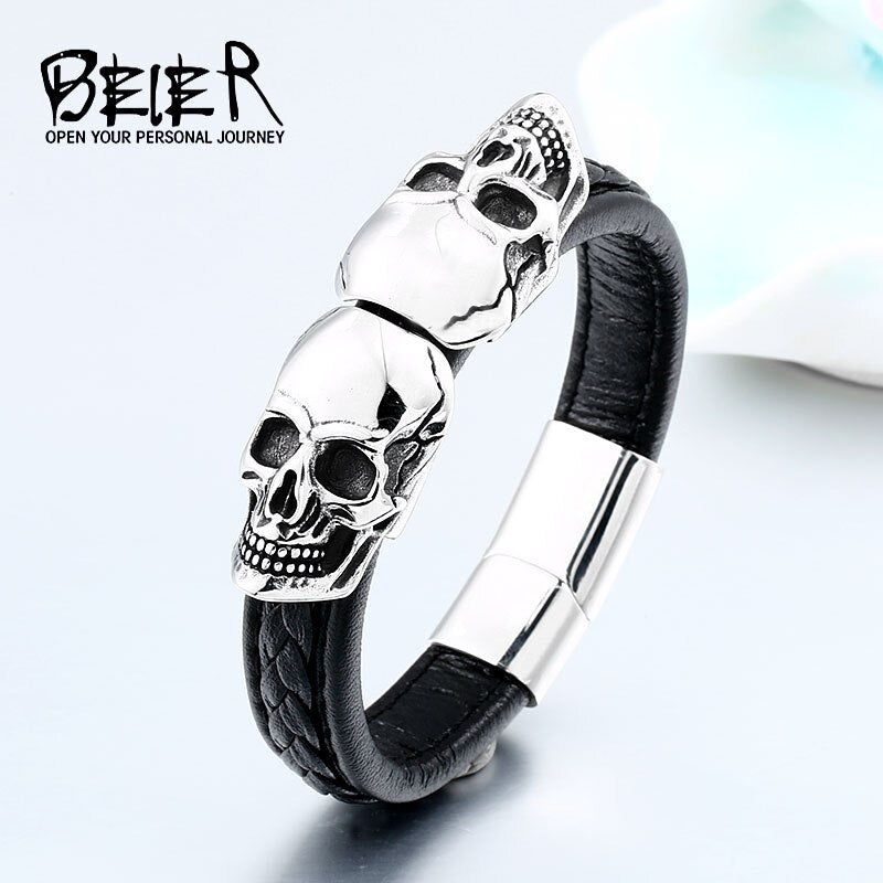 Cool Punk Double Skull Bracelet For Man 316 Stainless Steel