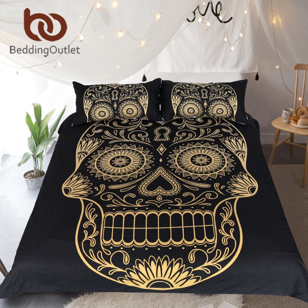 Sugar Skull Bedding Set Golden Gothic Duvet Cover Set Bohemian Black