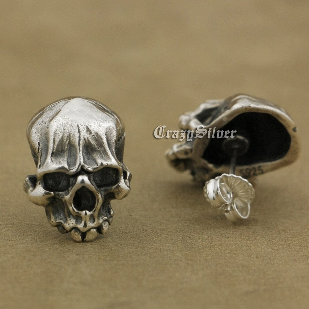 925 Sterling Silver Mens Biker Rock Punk Skull Stud Earrings TA40