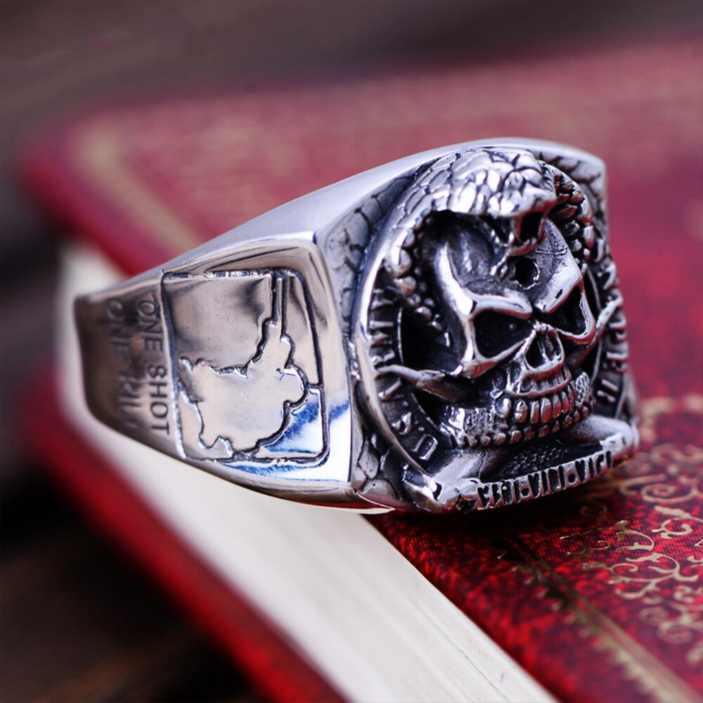 Punk Rock Skull Ring & US Army Soldier Sniper Ring Solid Real 925 Sterling Silver