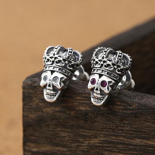 100% 925 Silver Crown Skull Earrings Sterling Silver Skeleton