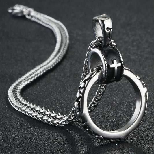 Male Stainless Steel Link Chain Round Circle Cross Pendant Necklace