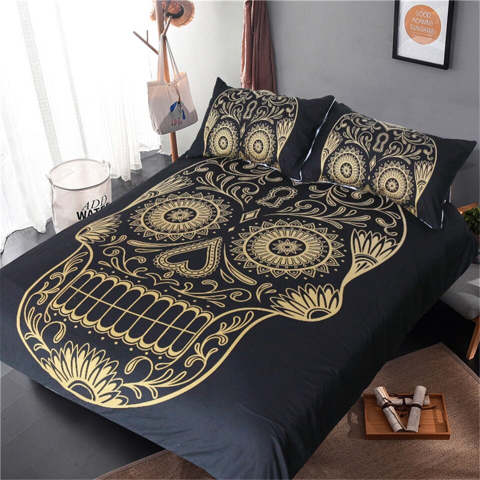 Sugar Skull Bedding Set Golden Gothic Duvet Cover Set Bohemian Black