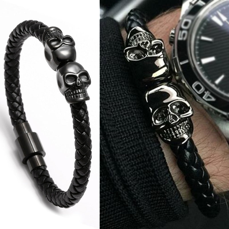 skull bracelet men/Genuine leather/Skeleton/Skull/bracelet homme Black