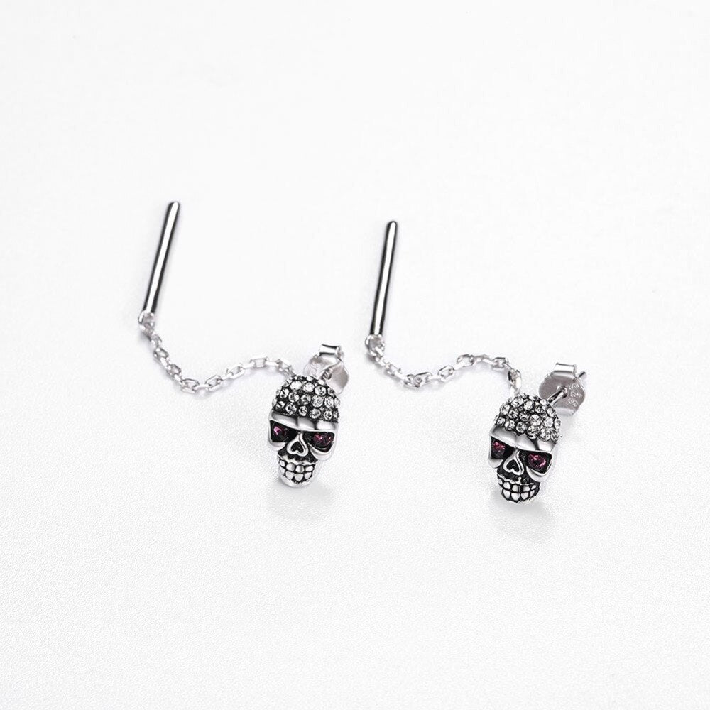 S925 Crystal Drop Earrings for Women Vintage 925 Sterling Silver Skull