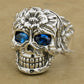 925 Sterling Silver Flower Skull CZ Eyes Mens Biker Rocker Punk Ring US Size 7~15