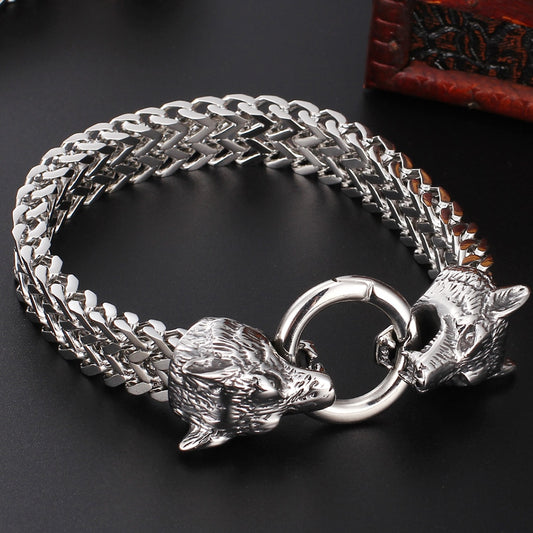 Polished Stainless Steel Bracelet For Men Heavy Wolf Head Mens Bracelets