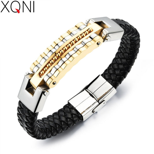 Black Leather Bracelet Men Charm Bangle Stainless Steel