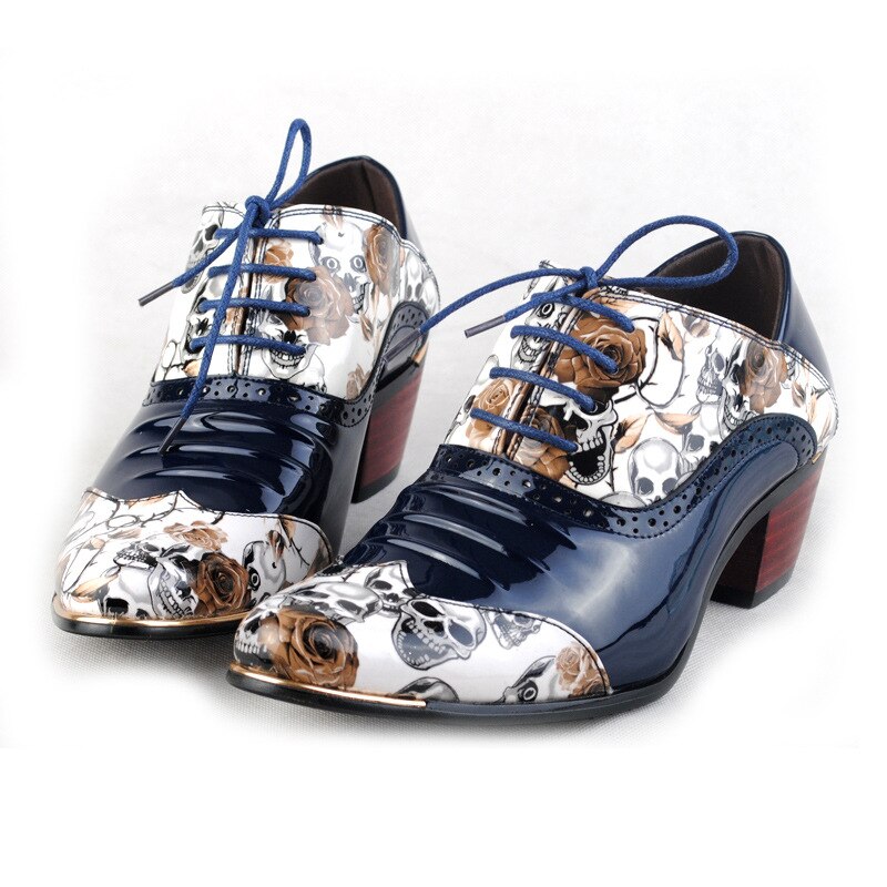 Height Increasing Patent Leather Pointed Oxfords Shoes Men Skull Pattern
