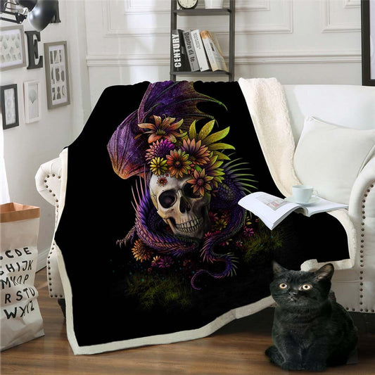 2 Sizes Flowery Skull by SunimaArt Throw Blanket Purple Gothic