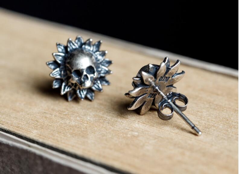 Punk Style Pure 925 Sterling Silver Skull And Flower Stud Earrings