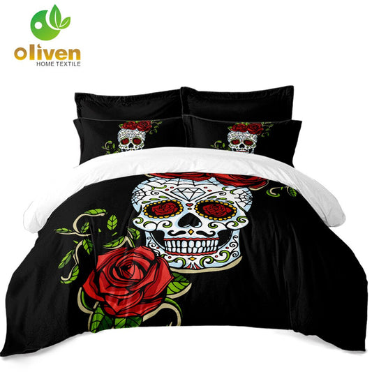 New Sugar Skull Bedding Set Rose Floral Duvet Cover Set Polyester Bedding Bedroom