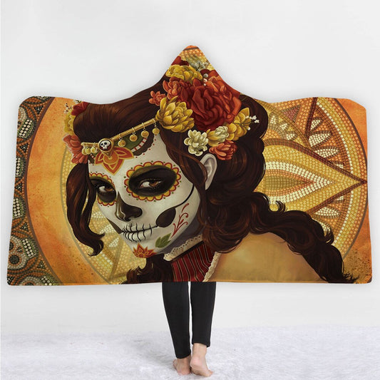 Sugar Skull Flower Hooded Blanket For Adults Kids Floral Gothic