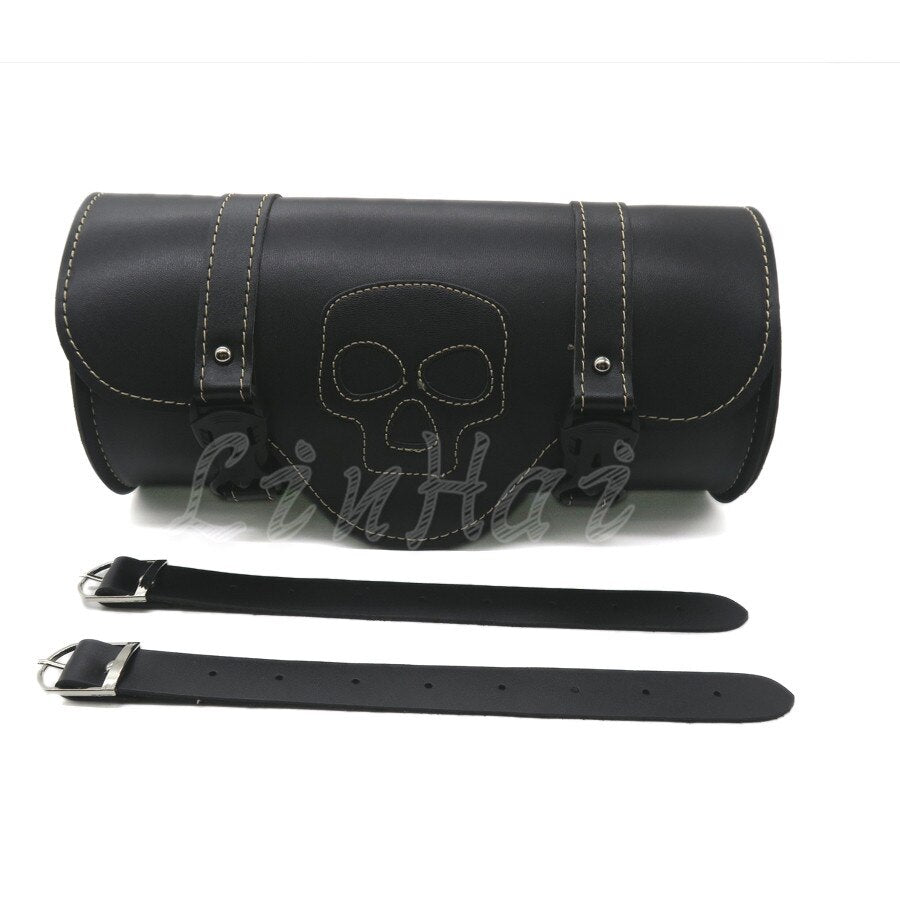 Motorcycle Skull Saddlebag PU Leather Round Barrel Saddle Tool Bag