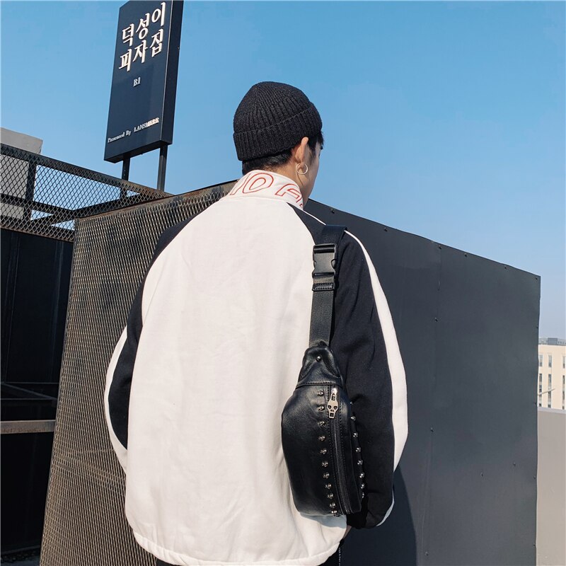 Fashion Unisex Waist Pack Bag Pu Leather Skull Chest Bag Black