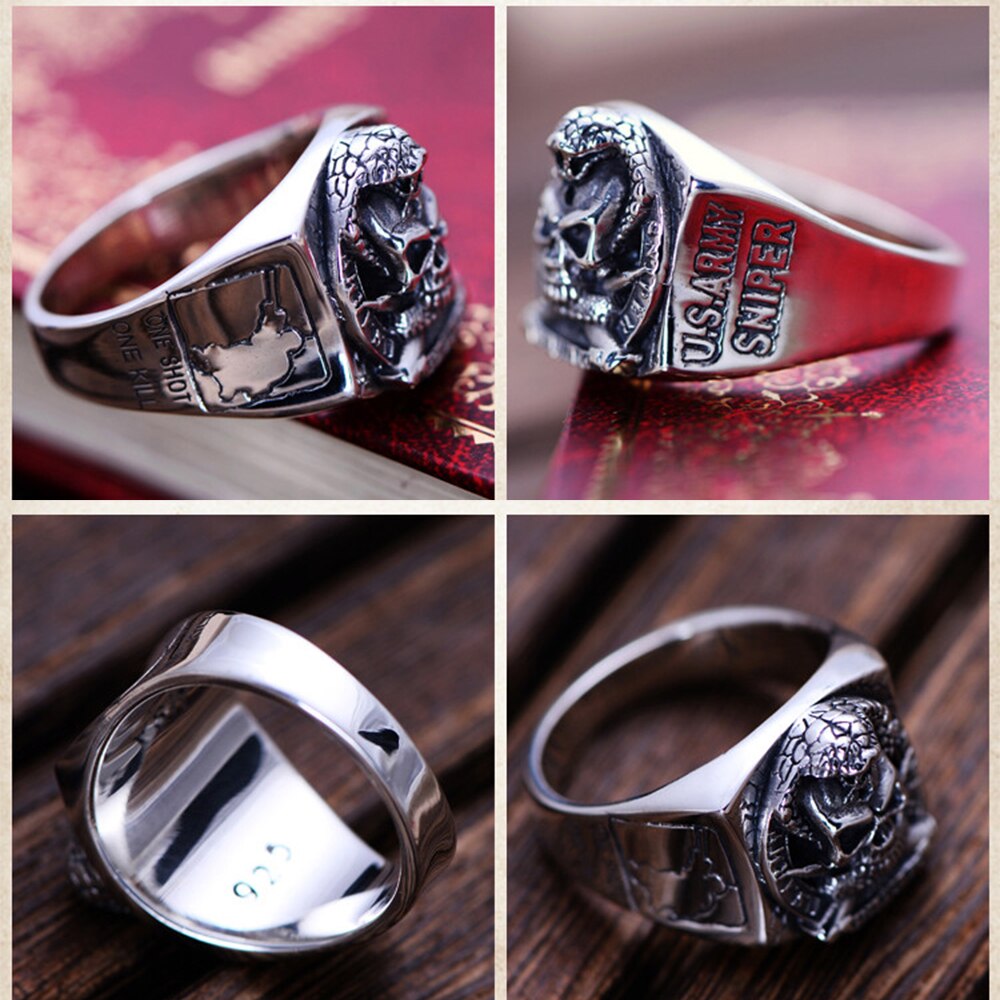 Punk Rock Skull Ring & US Army Soldier Sniper Ring Solid Real 925 Sterling Silver