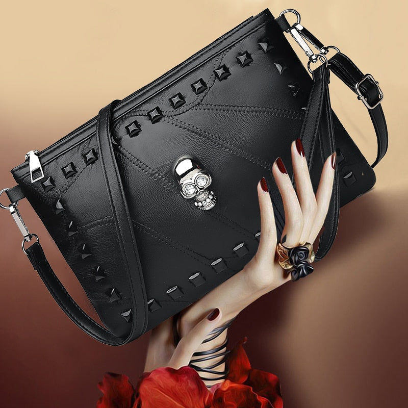 Fashion Patchwork Sheepskin Leather Women Handbag Fashion Skull