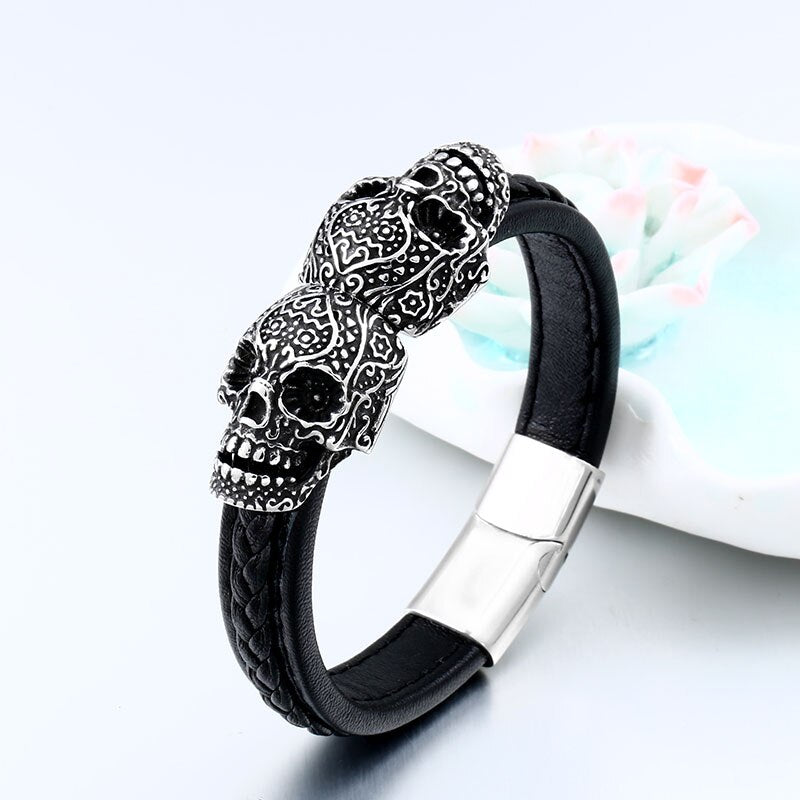 Cool Punk Double Skull Bracelet For Man 316 Stainless Steel