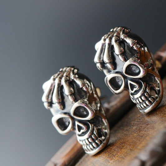 Vintage Thai silver skull stud earrings male hip hop non-mainstream