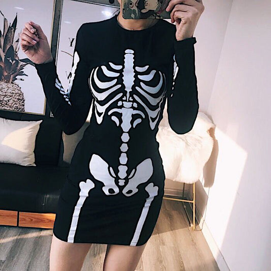 Punk Skull Printing O-Neck Long Sleeve Women Dress