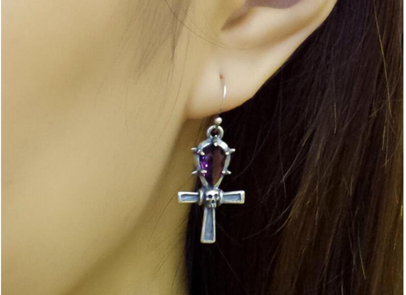 100% 925 Sterling Silver Drop Earrings Crystal Cross And Skull Shape Earrings