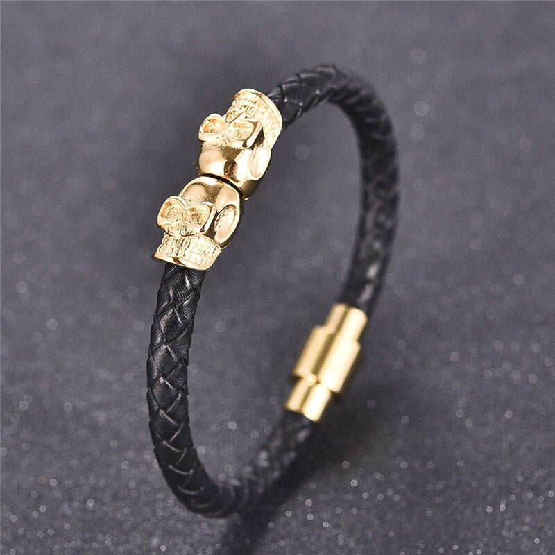 Jiayiqi Black Leather Bracelet for Men Jewelry Skull Stainless Steel