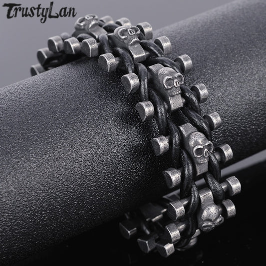 Stainless Steel & Leather Skull Man Bracelet