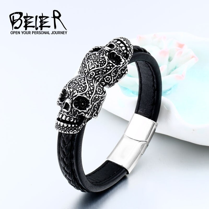 Cool Punk Double Skull Bracelet For Man 316 Stainless Steel