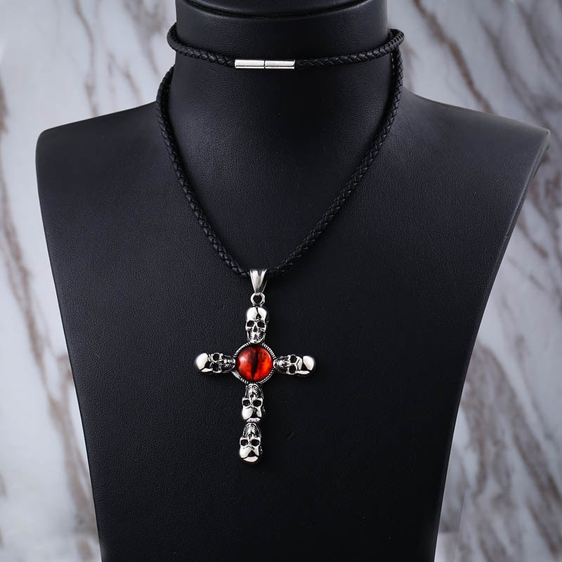 Vintage Cross Skull with Claw Evil Red Eye Necklace Pendant