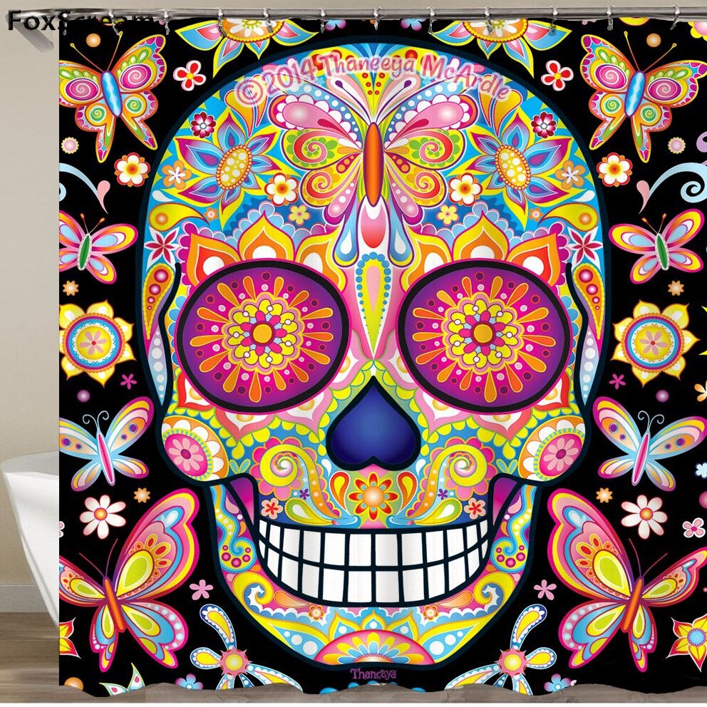 Mexican Fabric Sugar Skull show Curtains Cartoon Colored Skull  Shower Curtain Bathroom Waterproof  Polyester With Hooks