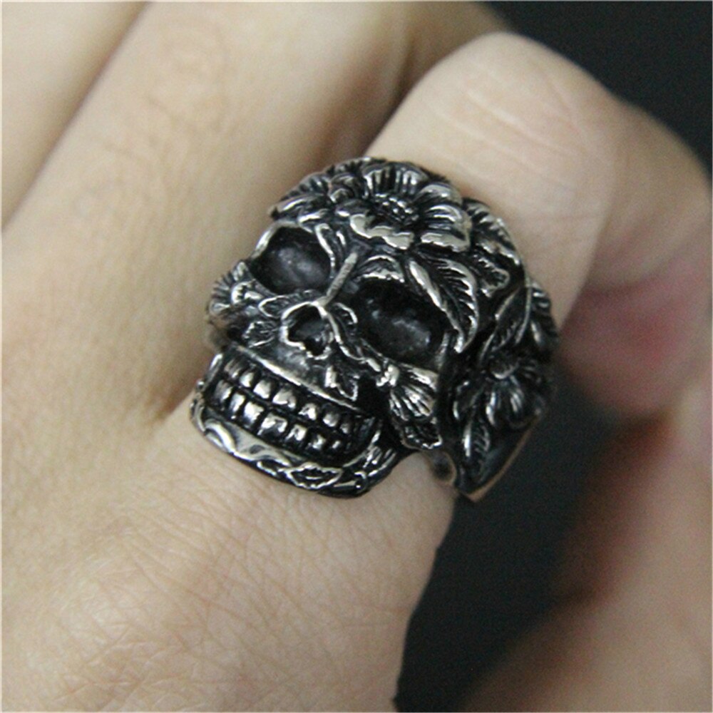 Stainless Steel Jewelry Men Boys Punk Rose Flower Skull Ring