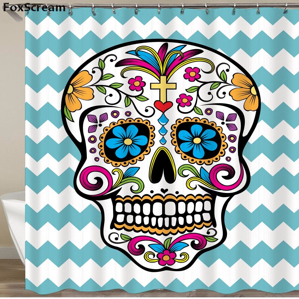 Mexican Fabric Sugar Skull show Curtains Cartoon Colored Skull  Shower Curtain Bathroom Waterproof  Polyester With Hooks