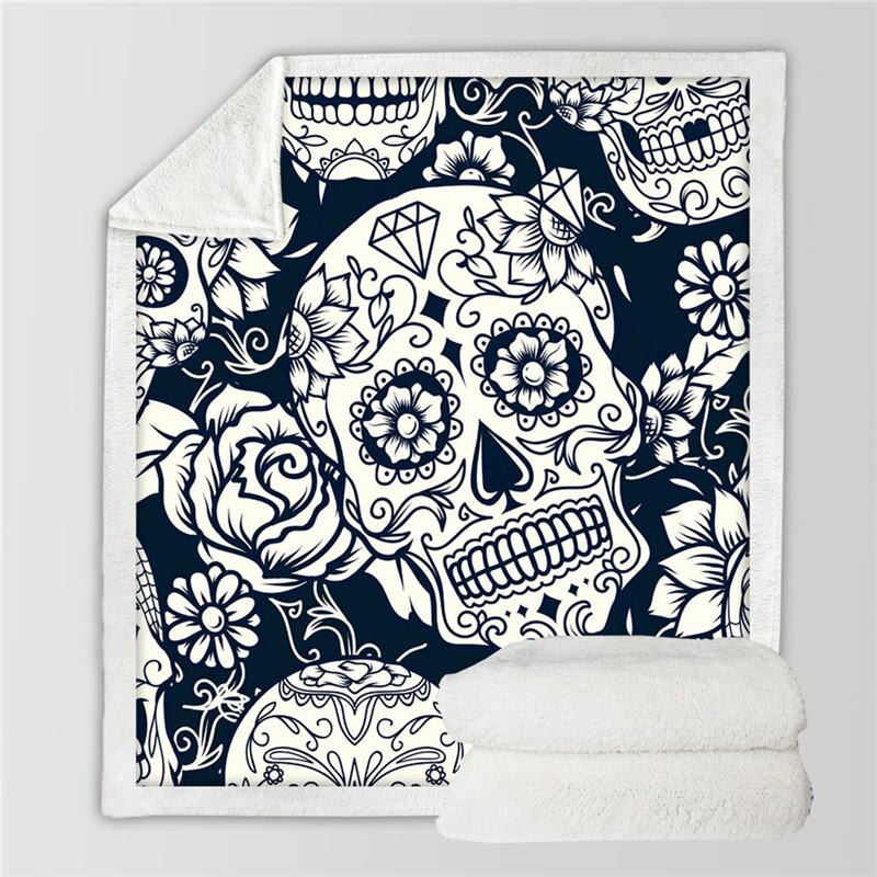 Sugar Skull Blanket Roses Microfiber Sherpa Sofa Throw Blanket